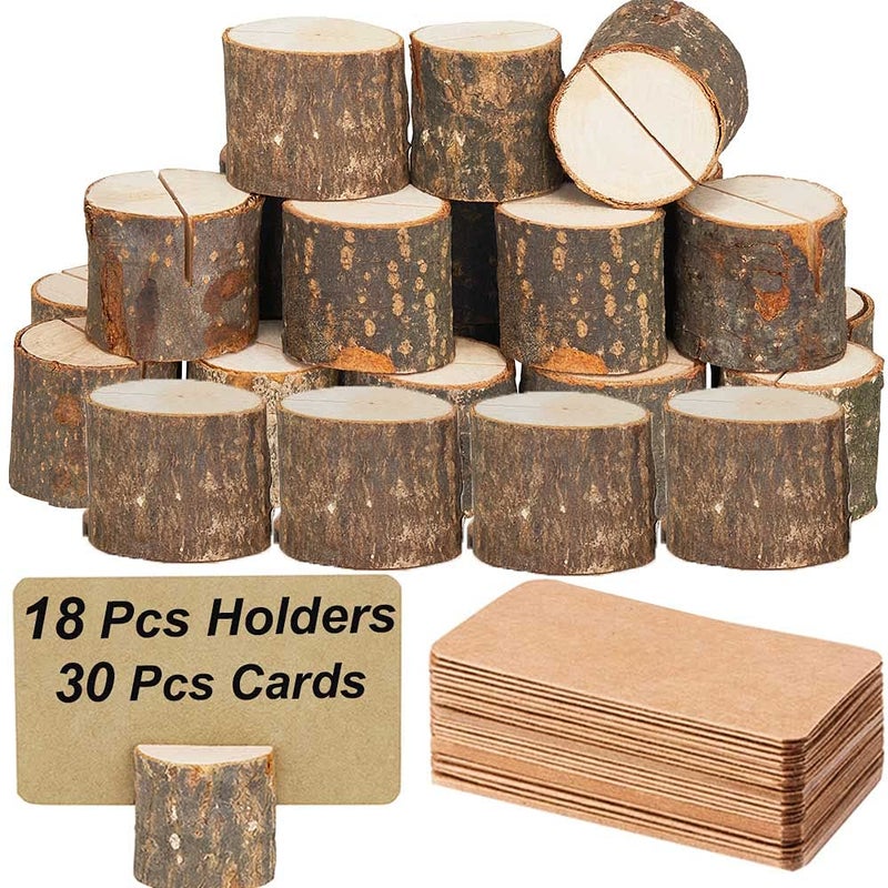 Toncoo 18Pcs Premium Wood Place Card Holders and 30Pcs Kraft Table Place Cards, Rustic Table Number Holders, Wood Photo Holders, Ideal for Wedding Party Table Name and More - Image 1